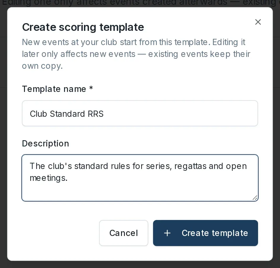 The Create scoring template dialog with the Template name and Description fields.