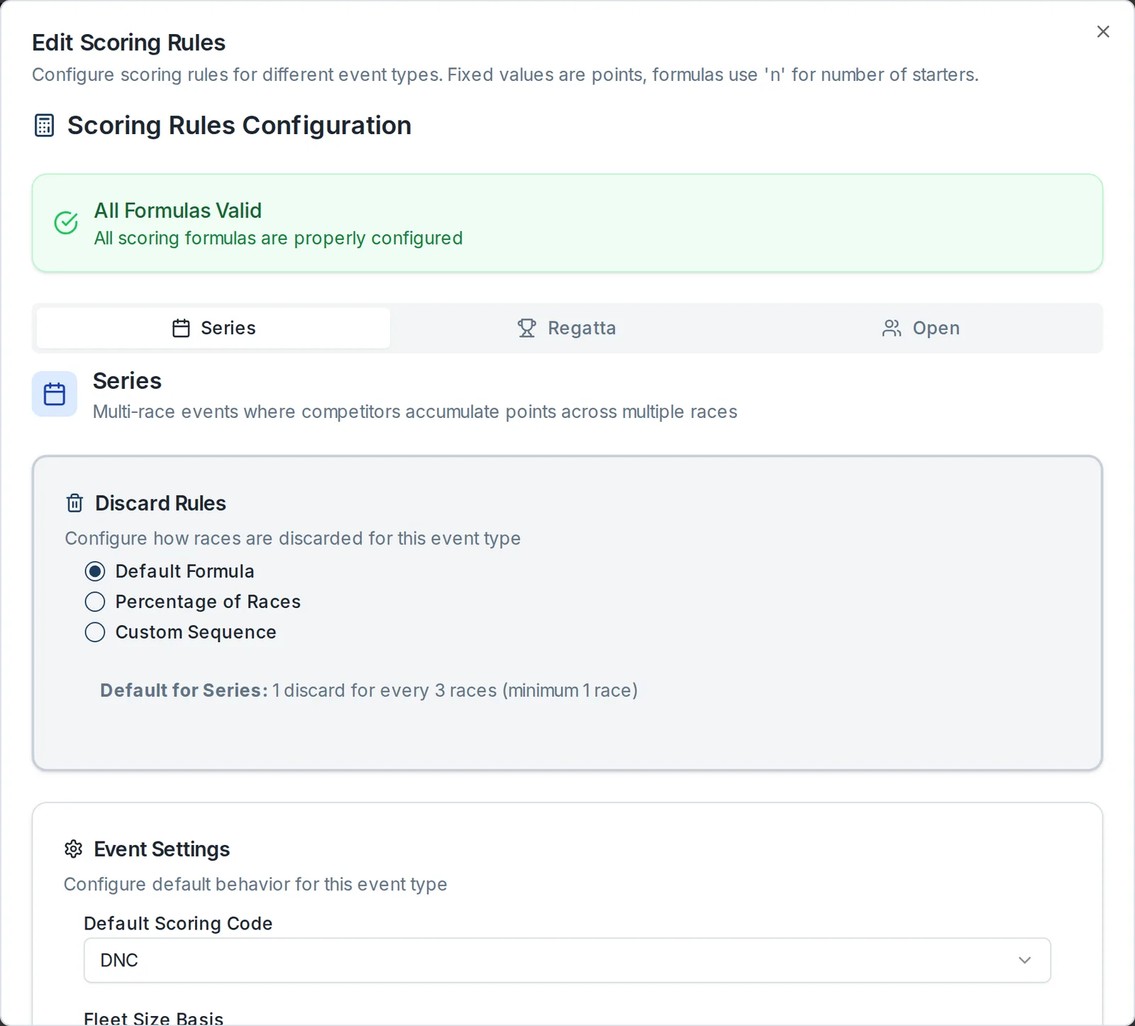 The Edit Scoring Rules dialog showing the Series, Regatta, and Open tabs.