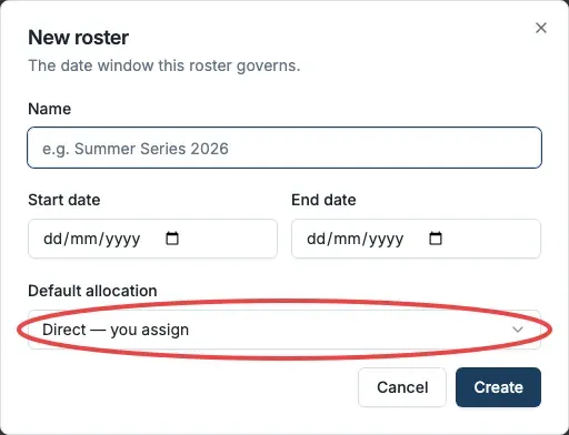 The New roster dialog with the Default allocation field circled, set to "Direct — you assign".